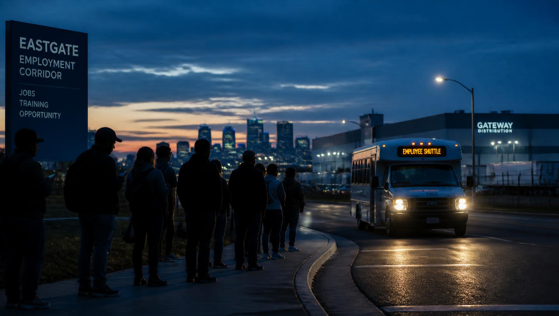Workers waiting at a curb as a workforce shuttle arrives at dusk near an employment corridor