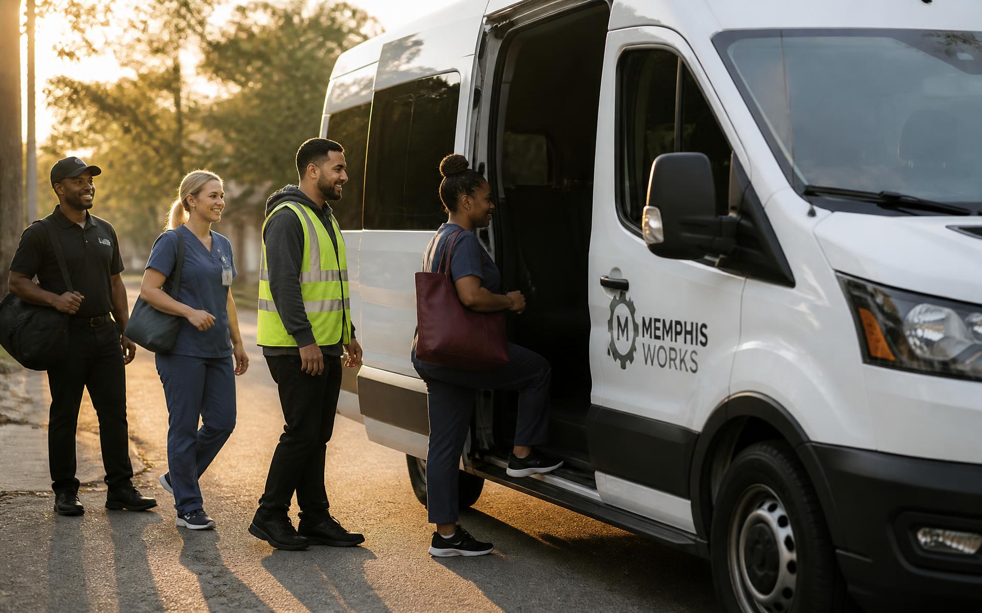 Workers in healthcare, logistics, and hospitality uniforms boarding a workforce shuttle van in a Memphis neighborhood at sunrise
